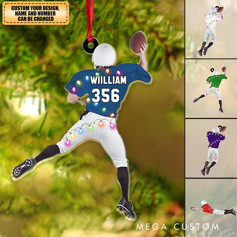 Personalized Football Player Ornament with Custom Name and Number Design