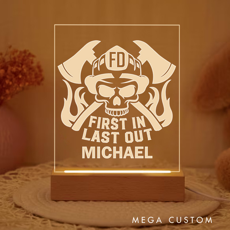Personalized Firefighter Night Light With First In Last Out Design Custom LED Gift with Laser Engraved Acrylic Design and Wooden Base