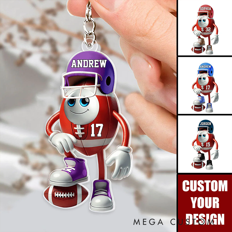Personalized Football Character Keychain with Custom Name and Number Design