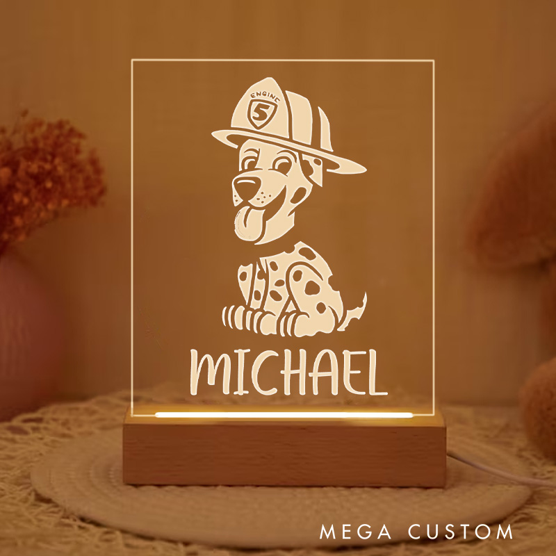 Personalized Firefighter Night Light With Firefighter Dalmatian Design Custom LED Gift with Laser Engraved Acrylic and Wooden Base