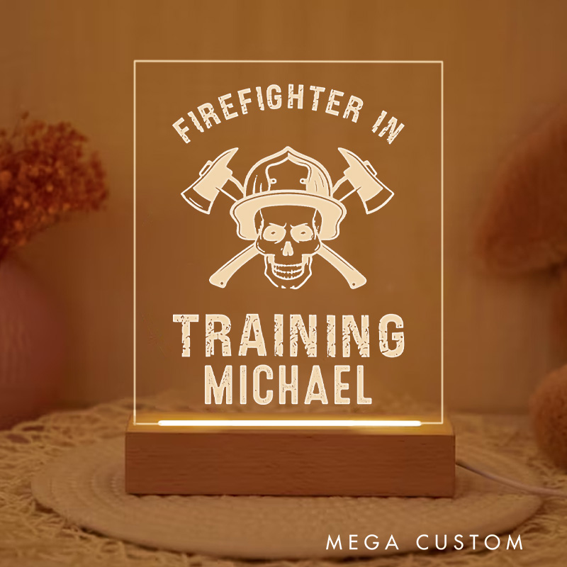 Personalized Firefighter Night Light With Firefighter in Training Design Custom LED Gift with Laser Engraved Acrylic and Wooden Base