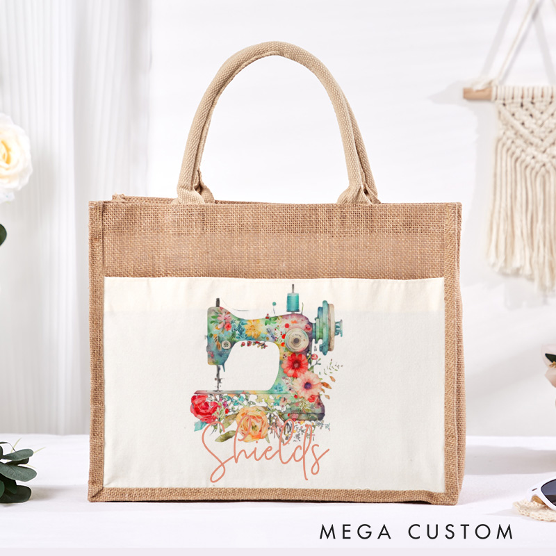 Personalized Flower Sewing Machine Tote Bag Sewing Lovers Bag Tailor Burlap Bag Gift Sewing Lover Gift Seamstress Gift