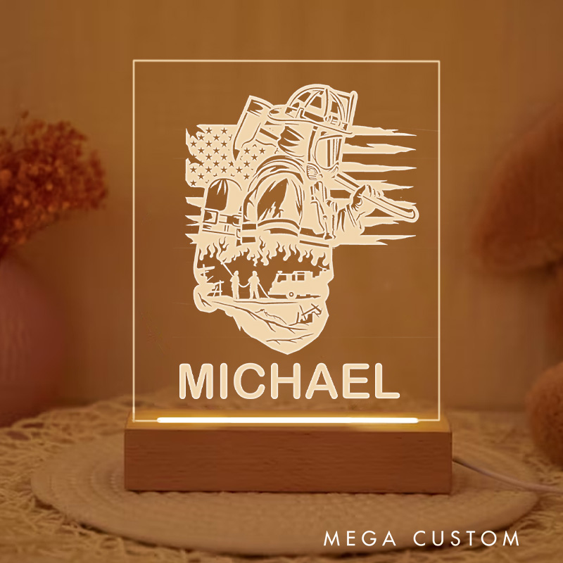 Personalized Firefighter Night Light With Dynamic Firefighter Tribute Design Custom LED Gift with Laser Engraved Acrylic and Wooden Base
