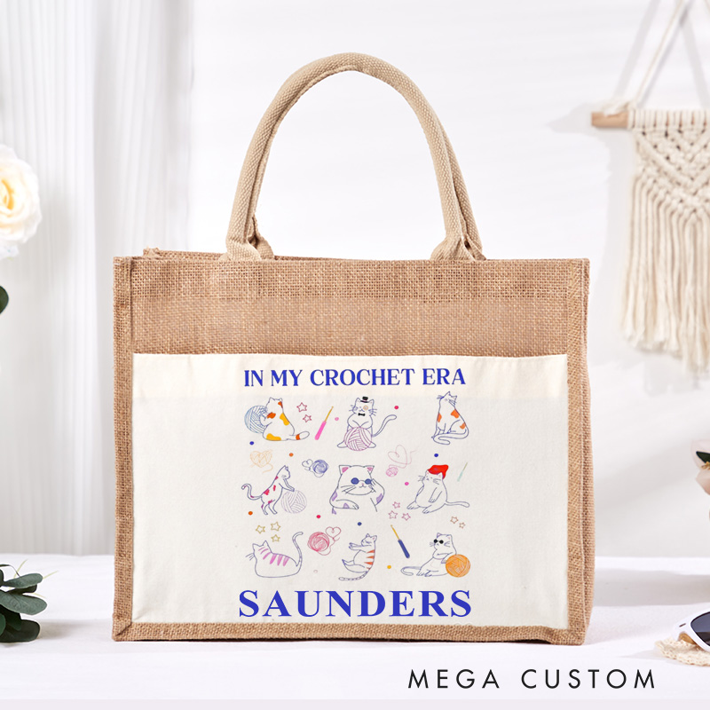 Personalized In My Crochet Era Tote Bag Sewing Lovers Bag Cat And Crochet Lover Burlap Bag Knitting Lover Gifts Crocheting Gift