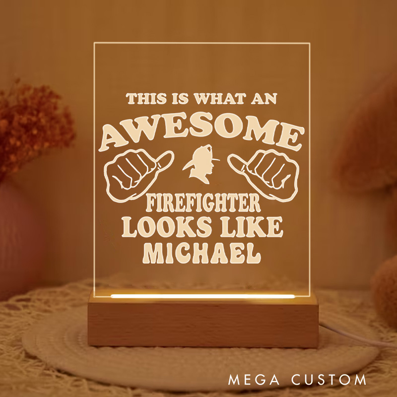 Personalized Firefighter Night Light With Awesome Firefighter Tribute Design Custom LED Gift with Laser Engraved Acrylic and Wooden Base