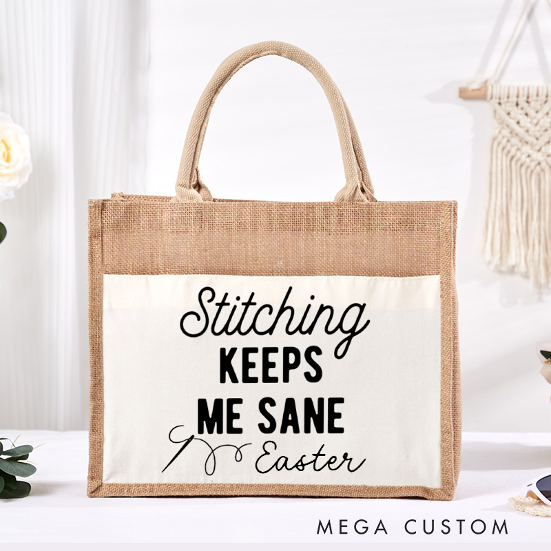 Personalized Stitching Keeps Me Sane Tote Bag Cross Stitch lover Burlap Bag Sewing Lovers Bag Stitching Gift Sewing Gift