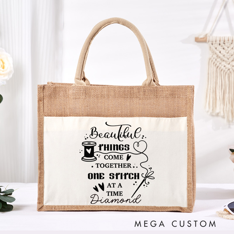 Personalized Beautiful Things Come Together One Stitch at a Time Tote Bag Tailor Burlap Bag with Name Sewing Lover Gift Quilting Gift
