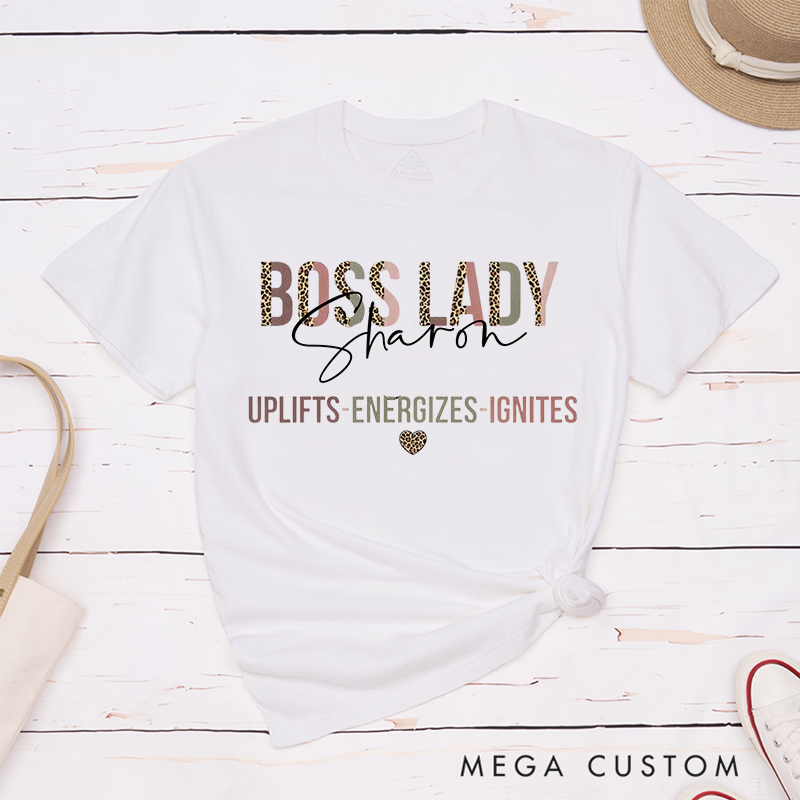 Personalized Leopard Print Retro Boss Lady T-Shirt She Uplifts Energizes Ignites Inspirational Design