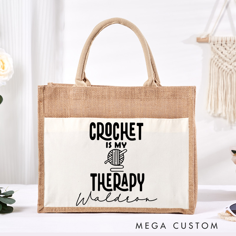 Personalized Crochet is My Therapy Tote Bag Sewciopath Burlap Bag with Name Sewing Lovers Gift Quilting Gift Tailor Gift Crocheter Gift