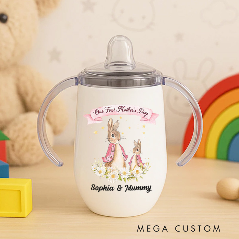 Personalized Our First Mother’s Day Peter Rabbit Bunny Floral Sippy Cup with Names Mother’s Day Baby Shower Gift