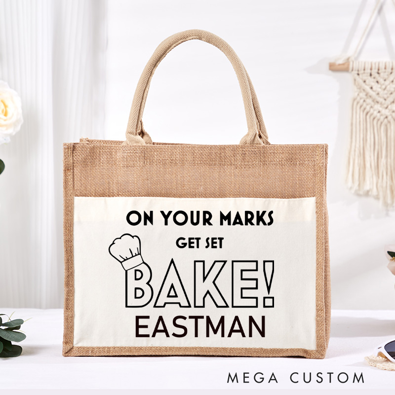 Personalized On Your Marks Get Set Bake Tote Bag Baking Lover Burlap Bag with Name Baking Lover Gift Cookie Baker Baking Gift