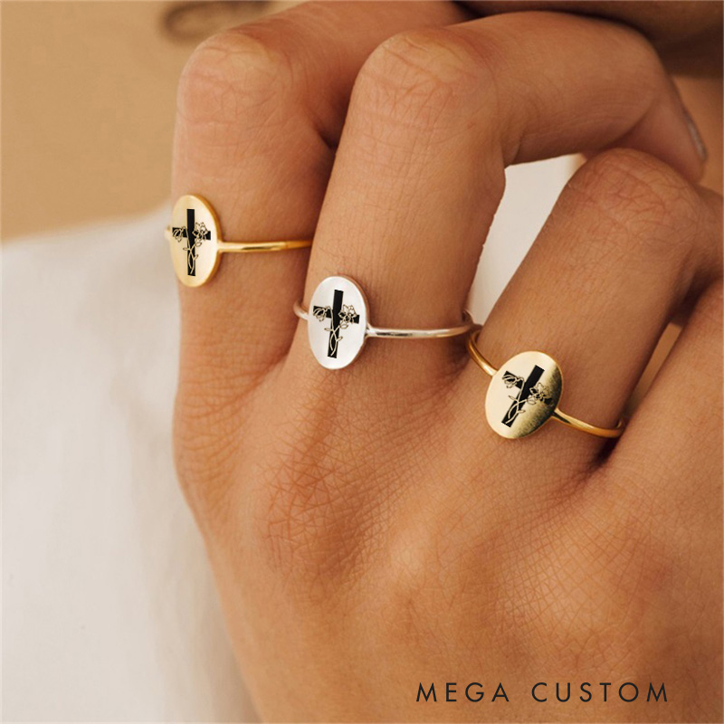 Personalized Two Birth Flowers with Cross Ring Christian Engraved Birth Month Flower Jewelry Easter Gift Baptism Gift Christian Gift for Women