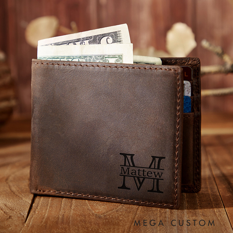 Personalized Engraved Leather Wallets for Mens Gifts for Dads or Boyfriend Birthday Gift