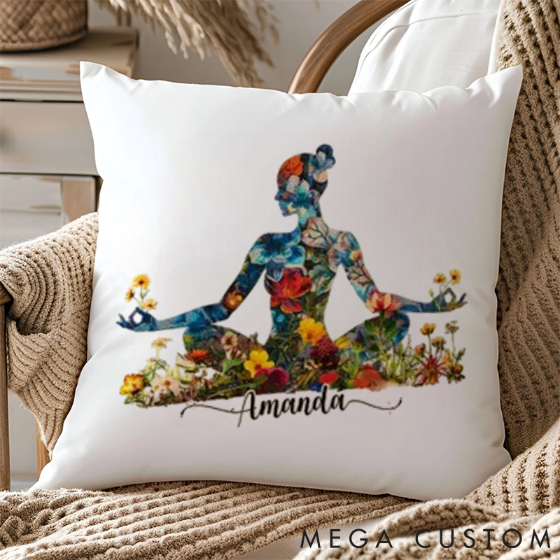 Personalized Yoga Meditation Silhouette Pillows Floral and Natural Element Pillows Yoga Pillows Gift  Idea for Yoga Lover