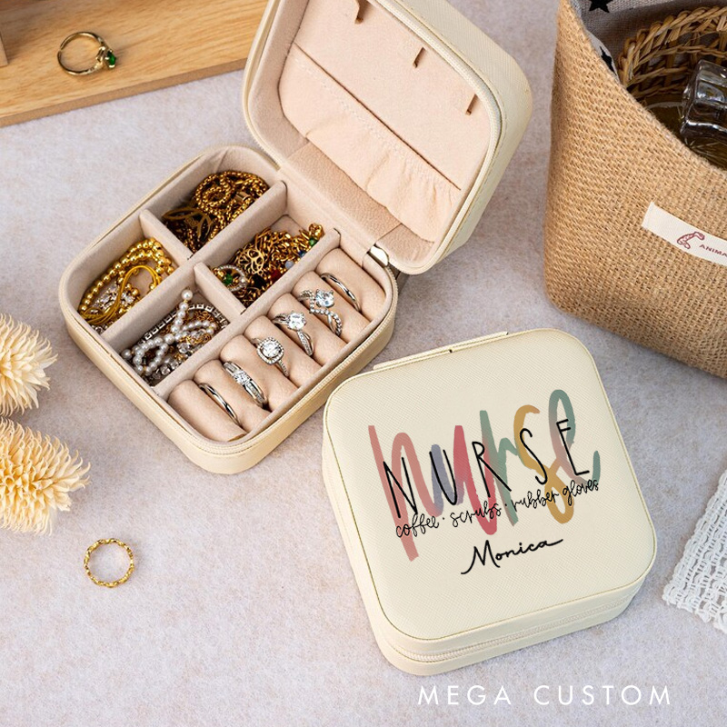 Personalized Jewelry Box for Nurse Custom Nurse Essentials Coffee Scrubs Rubber Gloves Design Travel Jewelry Box Nurse Appreciation Gift 