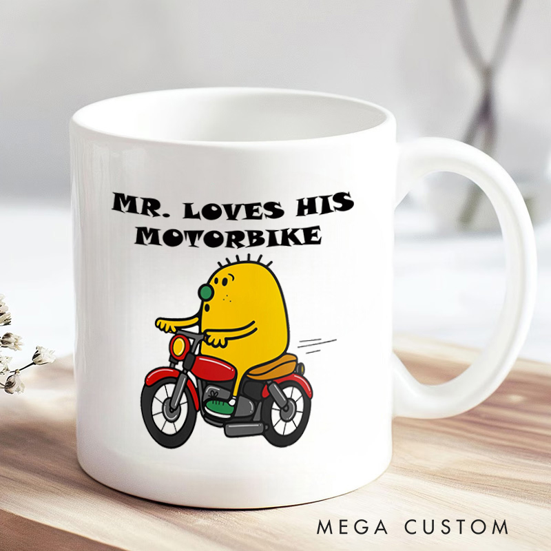 Personalized Bike Lover Motobike Riding Cartoon Coffee Lover for Him Mr. Loves His Motorbike Design with Custom Mug