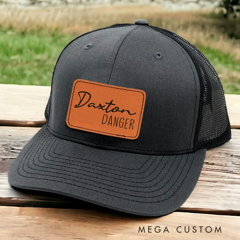 Personalized Trucker Black Hat with Leather Patch Anniversary Gift for Him