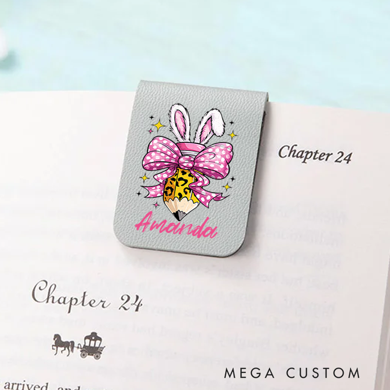 Personalized Teacher Leather Magnetic Bookmark Bunny Ears Pink Bow Design Cheerful and Fun Style Gift for Teachers