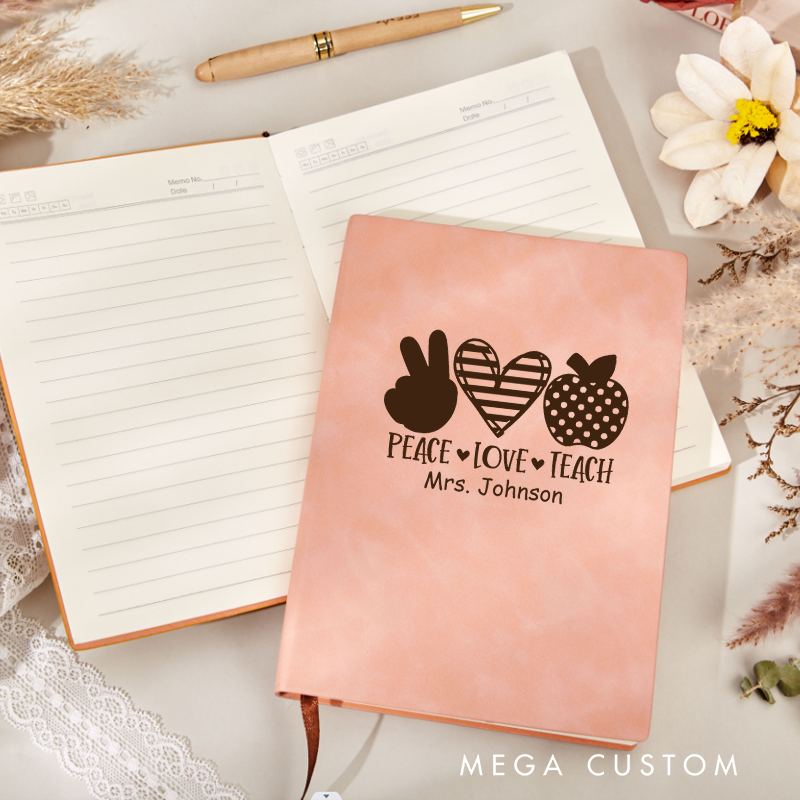 Personalized Leather Notebook for Teacher Peace Love Teach Leather Journal Teacher Appreciation Gift