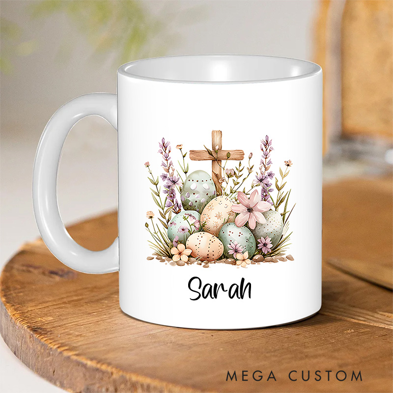 Personalized Colorful Eggs Floral Cross Ceramic Mug with Name Easter Gift Birthday Gift for Boys and Girls