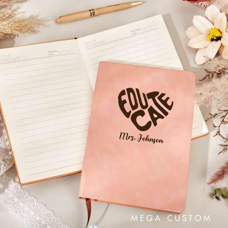 Personalized Leather Notebook for Teacher Educate Heart Shape Leather Journal Teacher Appreciation Gift