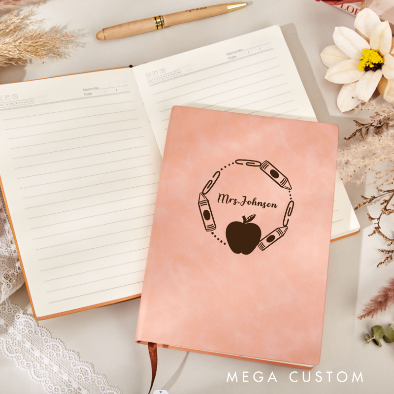 Personalized Leather Notebook for Teacher Crayons and Paperclips Surrounding a Apple Leather Journal Teacher Appreciation Gift