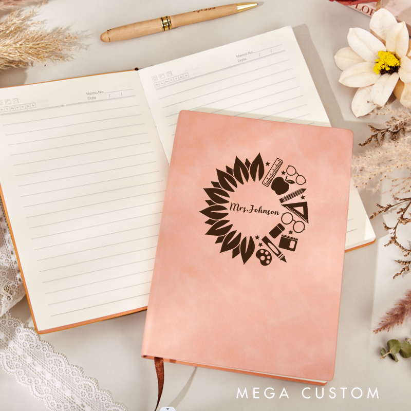 Personalized Leather Notebook for Teacher Sunflower Inspired Wreath Made up of School Themed Icons Leather Journal Teacher Appreciation Gift