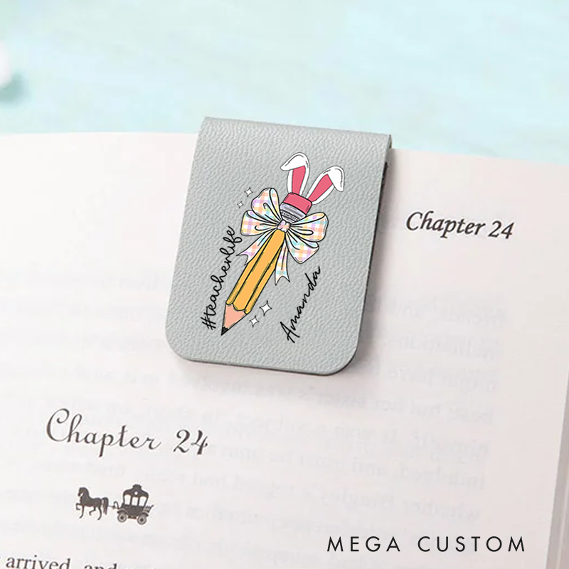 Personalized Teacher Leather Magnetic Bookmark Bunny Ears Pencil and B