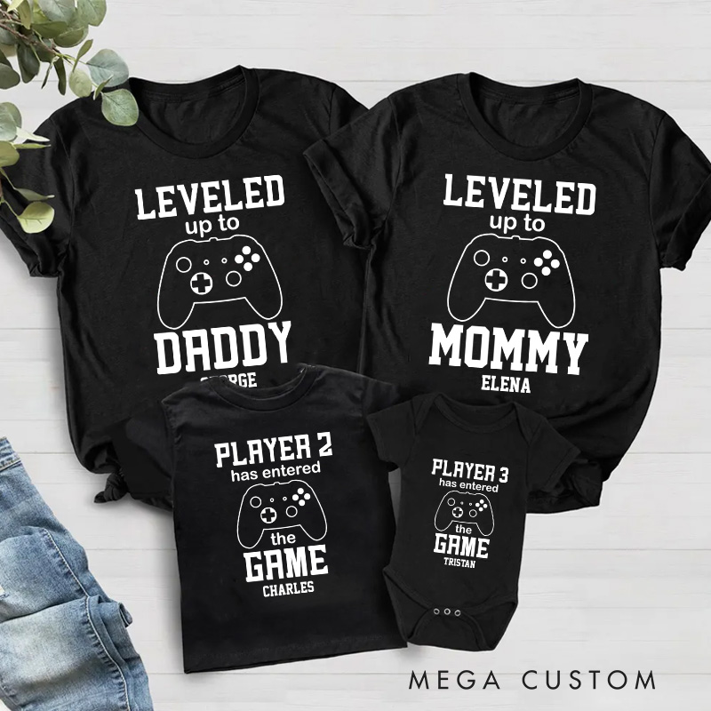 Personalized Leveled Up Family Matching T-Shirts New Father Mother Shirts Funny Gamer Family Shirts Newborn Baby Gift Geek Gaming Shirt Father's Day
