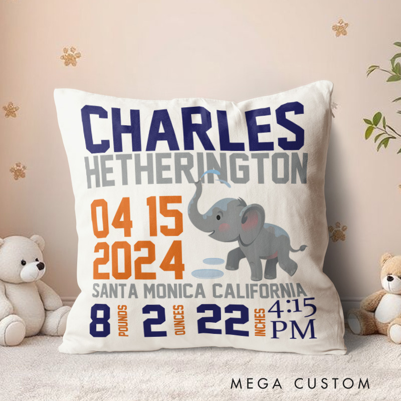 Personalized Elephant Birth Stats Throw Pillows Highlighting Baby's Name And Key Measurements Throw Pillows