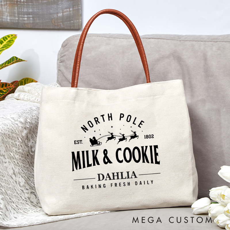 Personalized North Pole Milk and Cookie Tote Bag Christmas Cookies Canvas Bag Santa and Reindeer Bag Backing Lover Gift Baker Christmas Gift