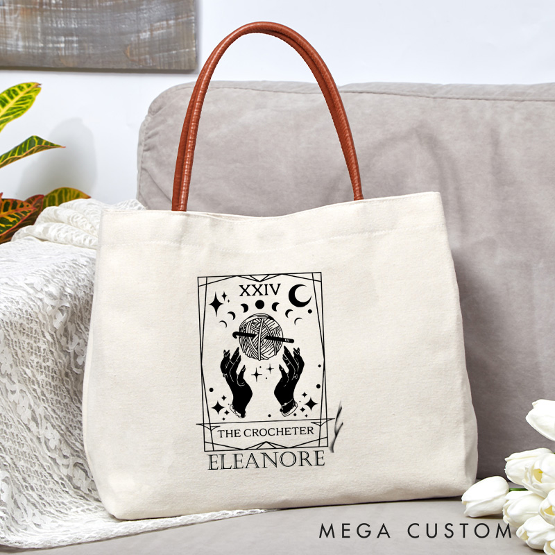 Personalized The Crocheter Tote Bag Crocheting Lover Bag with Name Yarn Lovers Canvas Bag Tarot Card Bag Knitter Gift Crocheter Gift