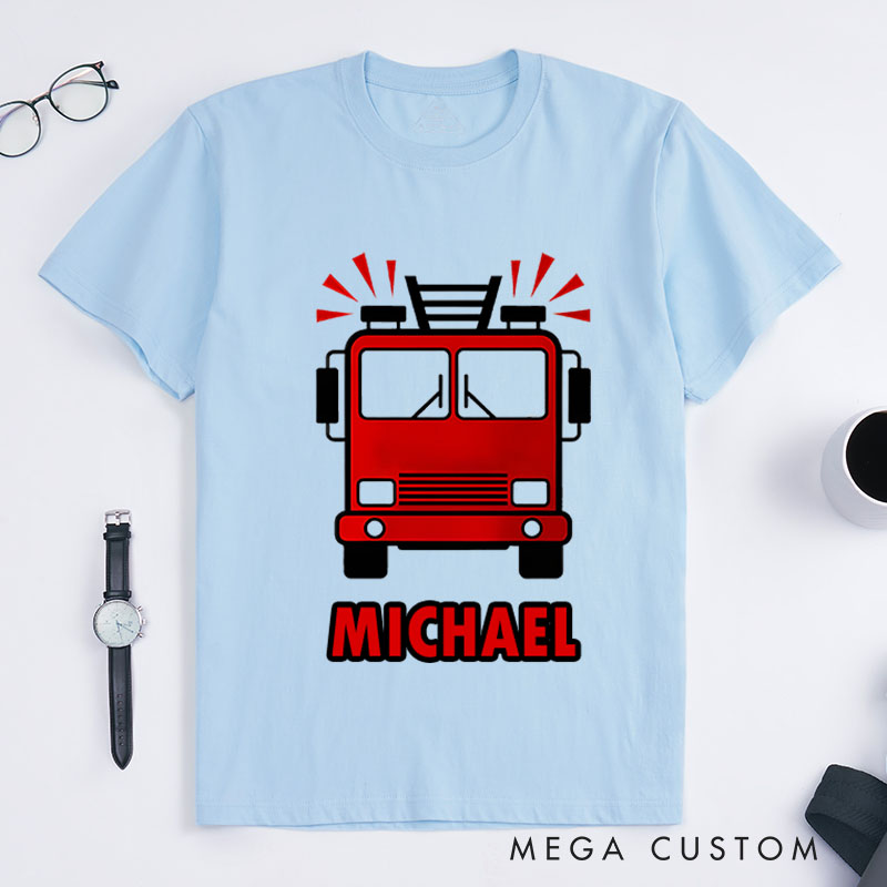 Personalized Firefighter T-Shirts  Front-Facing Fire Truck Fashion Design T-Shirts