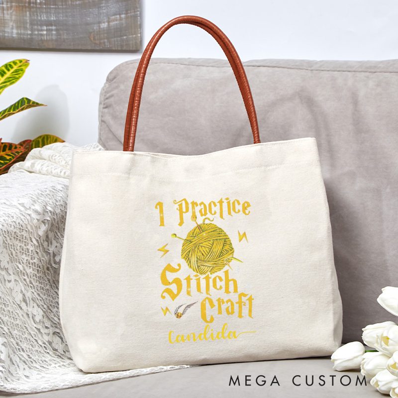 Personalized I Practice Stitch Craft Tote Bag Crocheting Lover Bag with Name Yarn Lovers Canvas Bag Knitter Gift Crocheter Gift