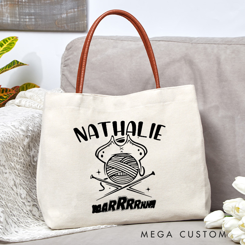 Personalized Funny Knitting Tote Bag Yaarrrnn Yarn Pirate Bag Crocheting Bag with Name Yarn Lovers Canvas Bag Knitter Gift Crocheter Gift