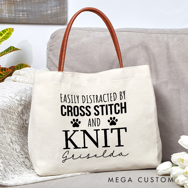Personalized Easily Distracted By Cross Stitch And Dogs Tote Bag Crocheting Bag with Name Yarn Lovers Canvas Bag Knitter Gift Crocheter Gift