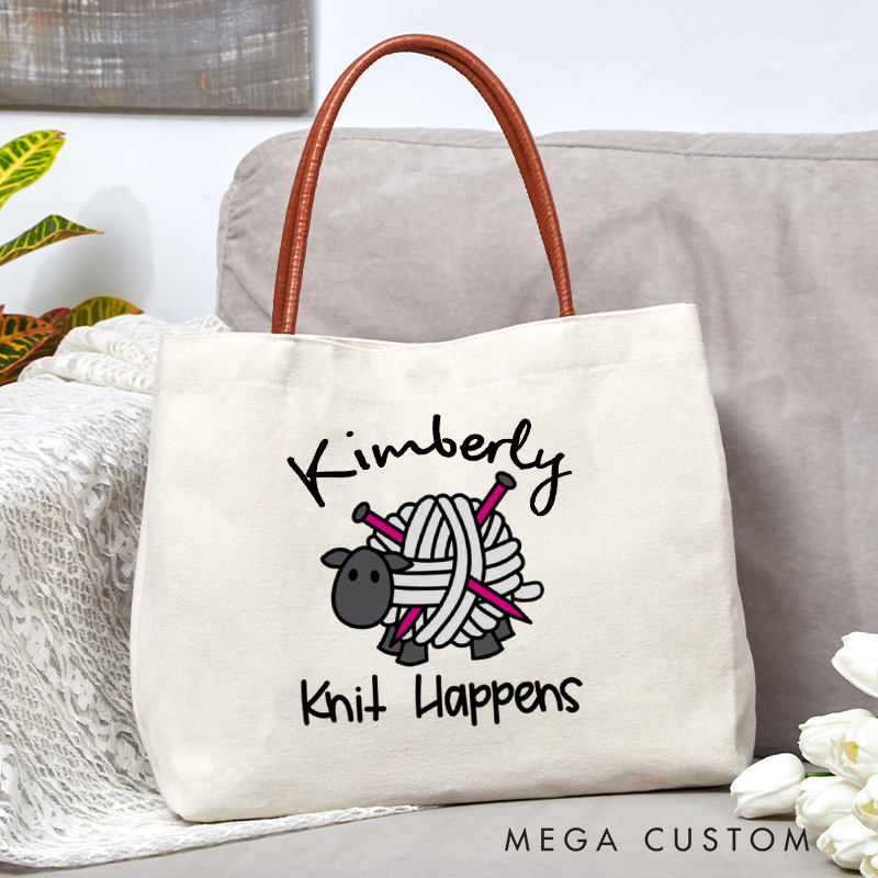 Personalized Knit Happens Tote Bag Knitting Yarn Crocheting Bag Yarn Lovers Canvas Bag Knitting Lover Bag Knitter Gift Crocheter Gift