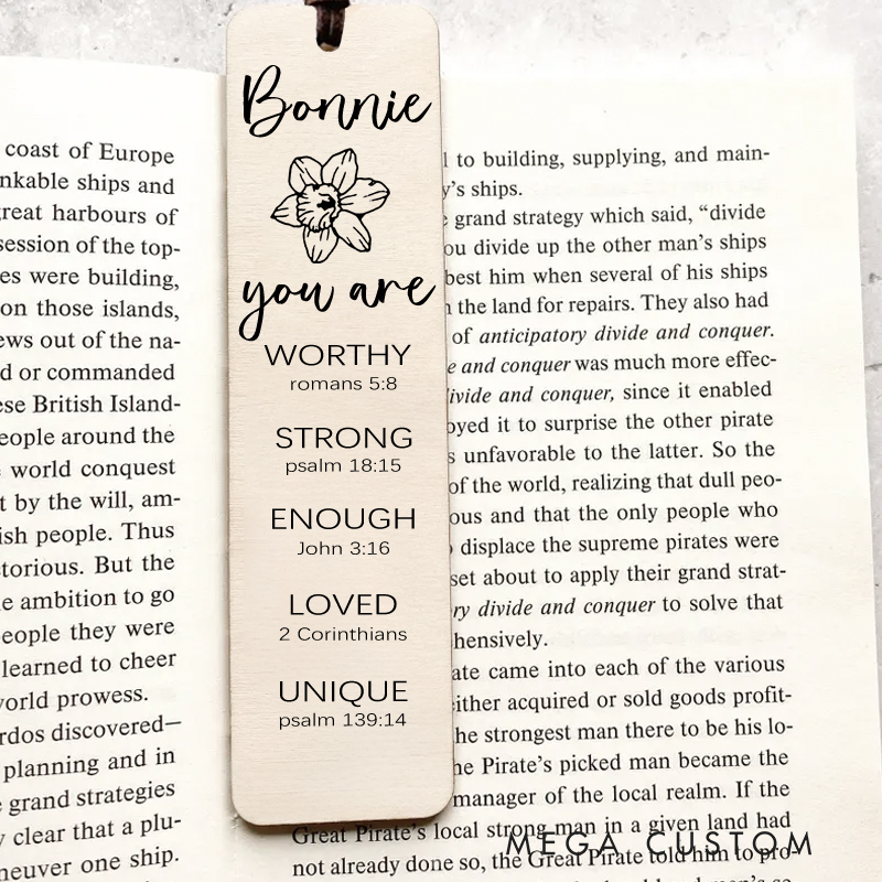 Personalized Birth Flower Bible Verse Wood Bookmark Engraved with Custom Name Christian Gifts Unique Gifts for Religious