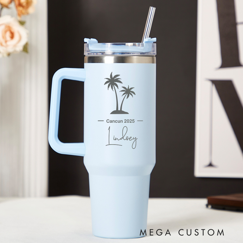 Personalized Vacation Tumbler with Straw Traveling Lovers Tumbler Beach Tumbler Stainless Steel Laser Engraved Tumbler Gifts for Family