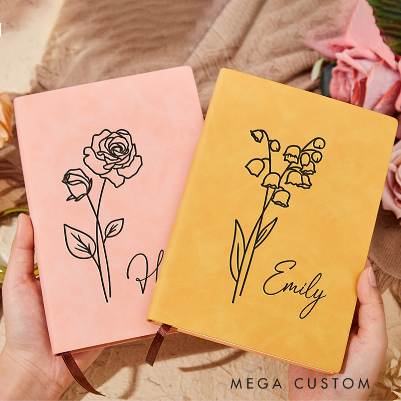 Personalized Birth Flower Leather Journal Birth Flower Birthday Gifts Travel Gifts