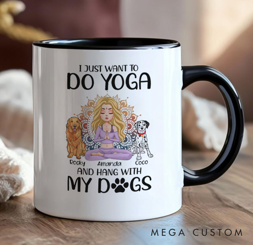 Personalized Yoga Mug with Dogs Can Custom Pet Names and People Name Perfect Gift for Yoga Lovers and Dog Owners