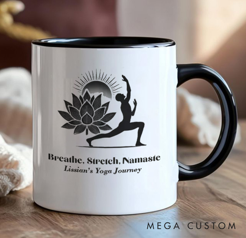 Personalized Yoga Mug – Elegant Lotus & Warrior Pose Design, Custom Name Option, Perfect Gift for Yoga Enthusiasts and Mindfulness Lovers