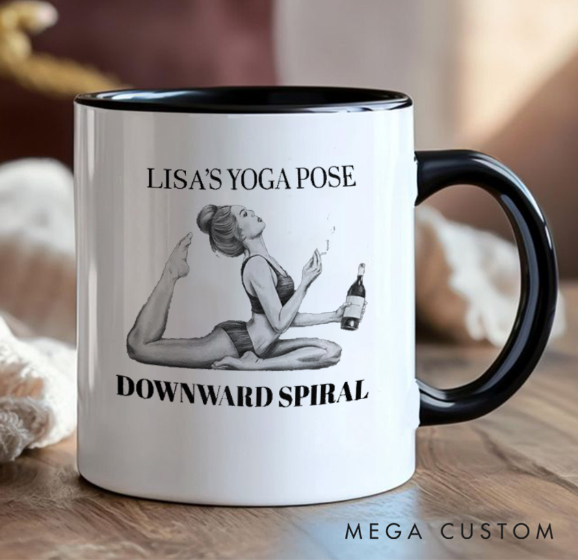Personalized Funny Yoga Mug Can Custom Name, Humorous "Downward Spiral" Design, Perfect Gift for Yoga Lovers