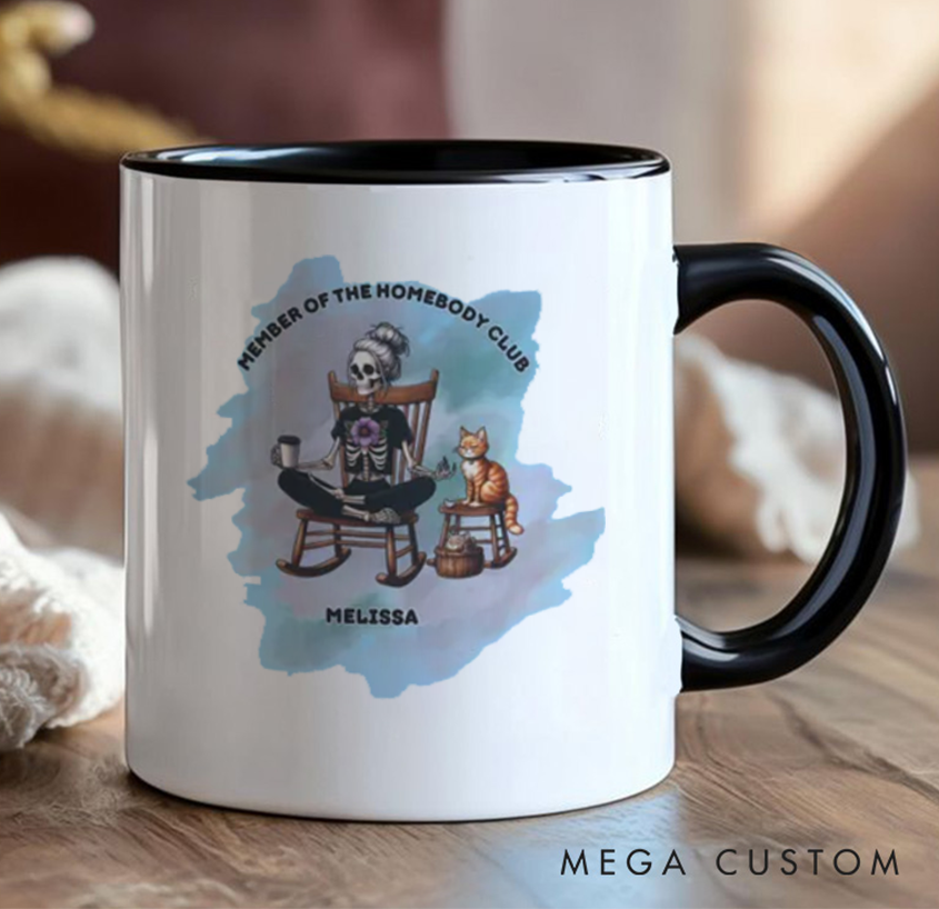 Personalized Homebody Club Mug – Funny Skeleton & Cat Design, Custom Name Option, Perfect Gift for Yoga & Relaxed Lifestyle Lovers