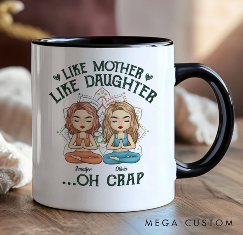 Personalized Mug with Cute Mother and Daughter Meditation Design, Can Custom Name, Perfect Gift for Mom, Daughter and Yoga Lovers