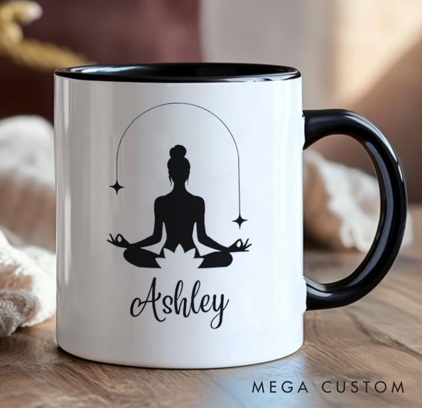 Personalized Yoga Mug Minimalist Meditative Design, Can Custom Name, Perfect Gift for Yoga Enthusiasts & Mindfulness Lovers