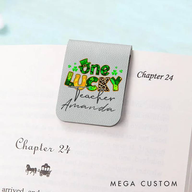 Personalized Teacher Leather Magnetic Bookmark One Lucky Teacher St. Patrick's Day Inspired Design Gift for Teachers