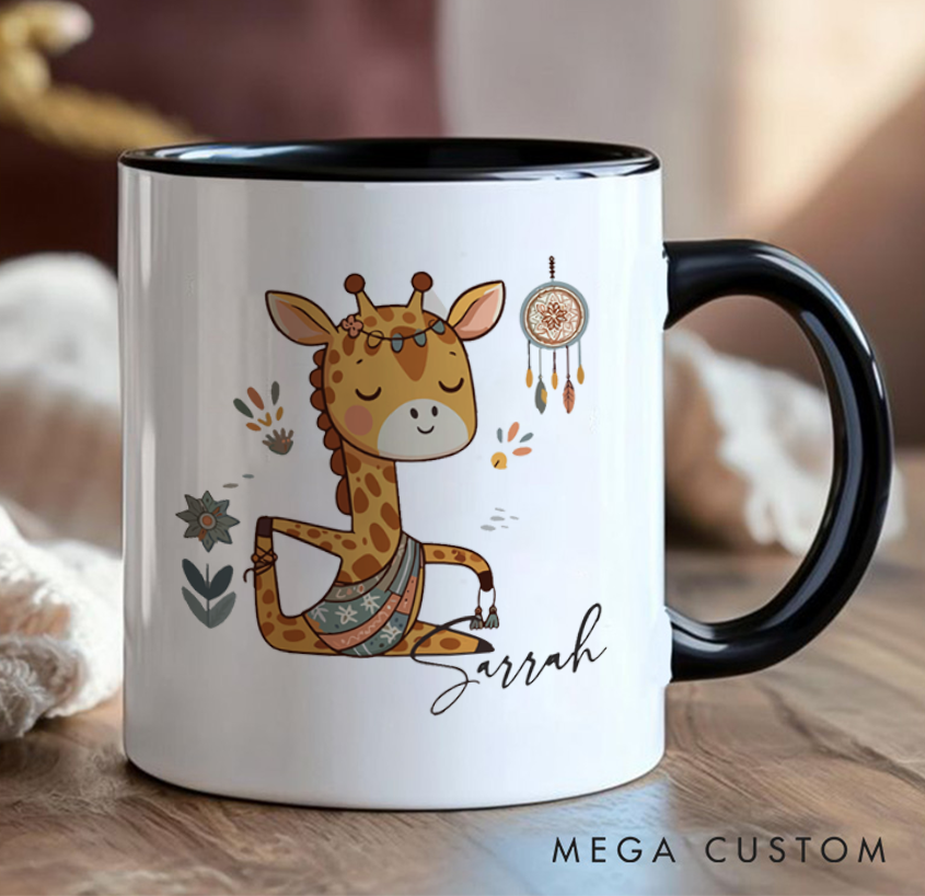 Personalized Yoga Giraffe Mug Cute Meditative Design with Dreamcatcher Can Custom Name Perfect Gift for Animal & Yoga Lovers
