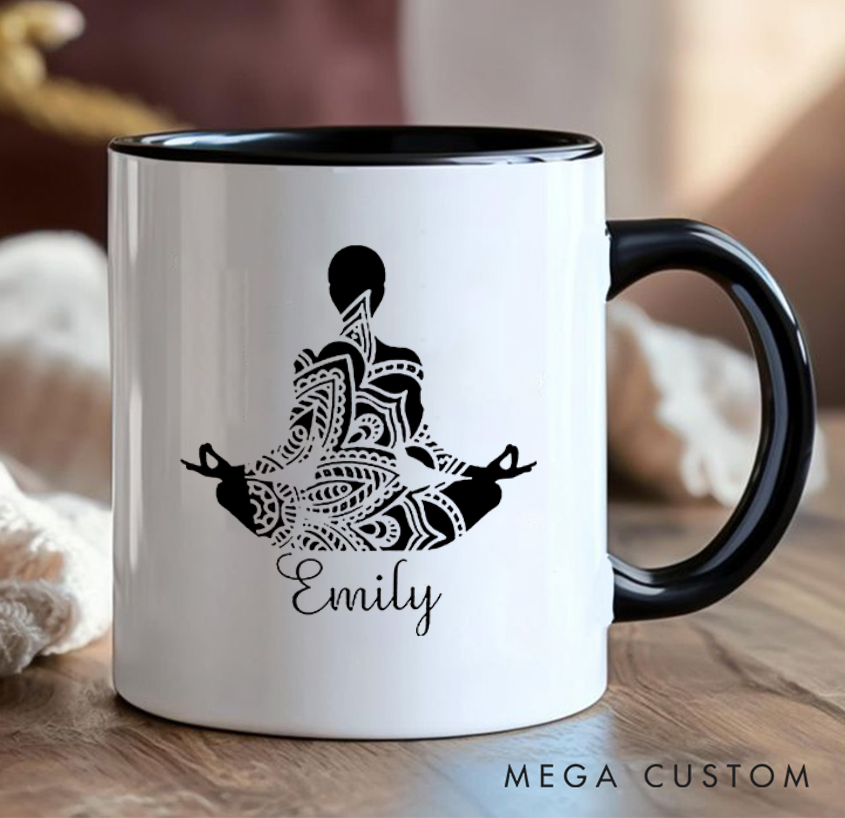 Personalized Yoga Mug Elegant Mandala Meditation Design Custom Name Perfect Gift for Mindfulness & Yoga Enthusiasts