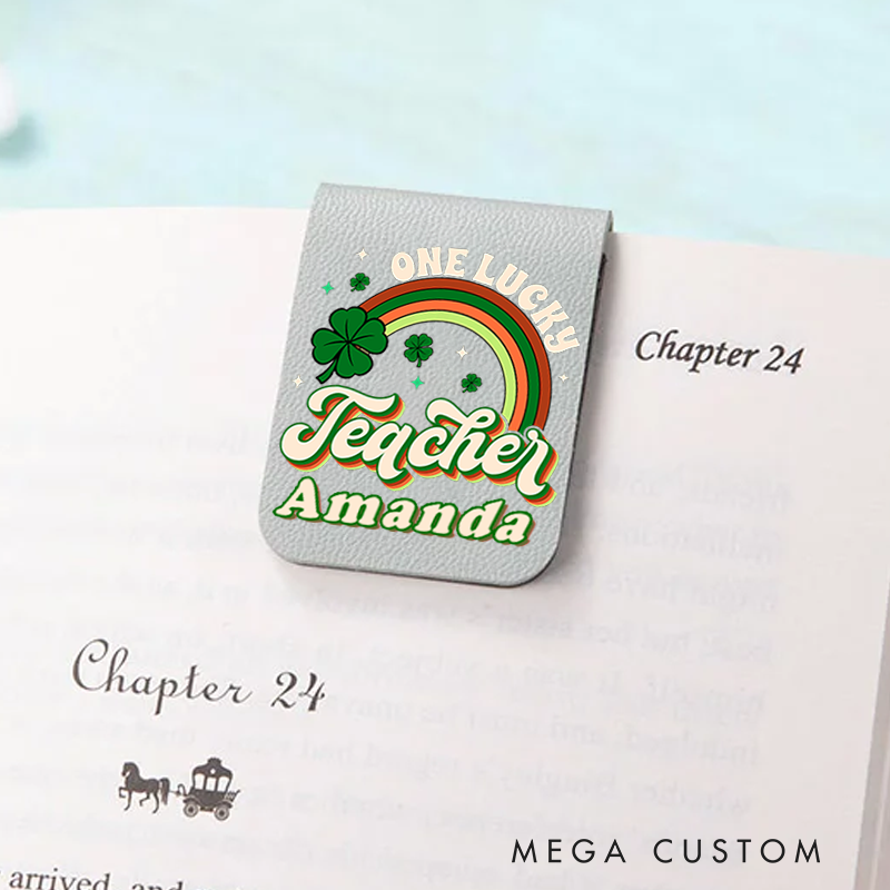 Personalized Teacher Leather Magnetic Bookmark One Lucky Teacher Rainbow and Shamrock Design Gift for Teachers